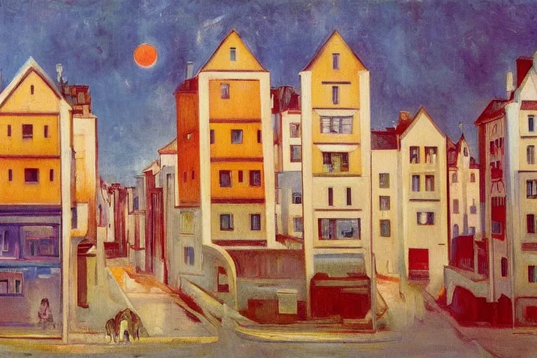 Prompt: unique shops, apartment towers, and cute townhouses along a city street, oil painting by edvard munch, stanislaw beksinski