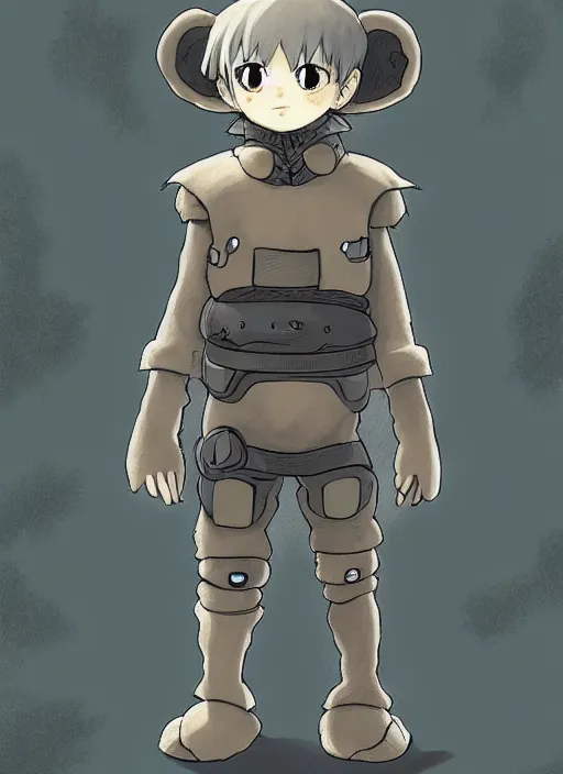 Image similar to beautiful little boy wearing an cyborg bear suit, artwork in kentaro miura and made in abyss and rosdraws, smooth, beautiful lightness, anatomically correct, trending on pixiv, forest