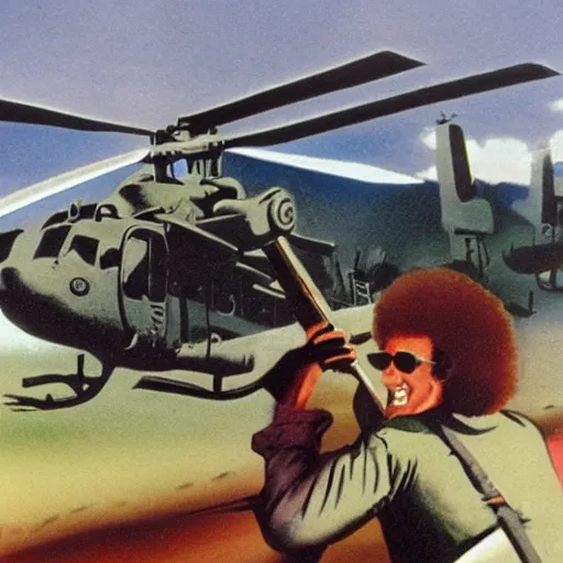 Prompt: Bob Ross in Vietnam Helicopter, Propaganda style