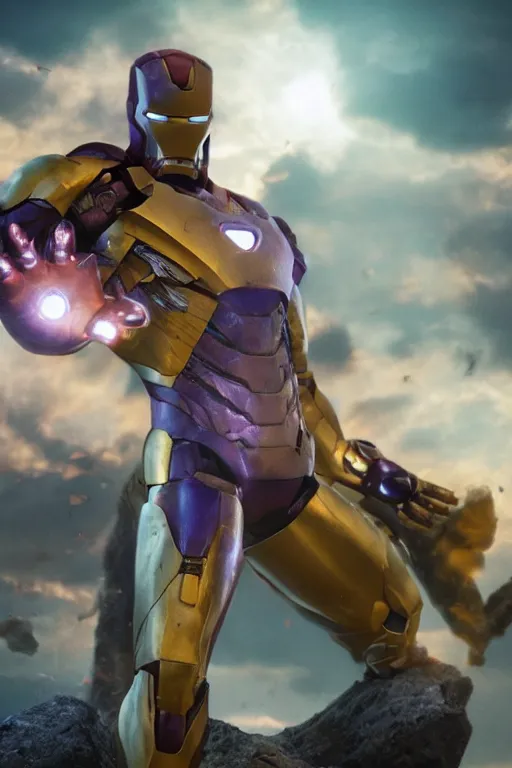 Image similar to thanos in a damaged and broken iron man suit, cinematic, volumetric lighting, f 8 aperture, cinematic eastman 5 3 8 4 film, photorealistic