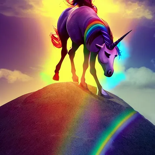 Prompt: a unicorn standing on its back legs, rainbow in the background, dramatic lighting, cinematic, establishing shot, extremely high detail, photo realistic, cinematic lighting, post processed, concept art, artstation, matte painting, style by eddie mendoza, raphael lacoste, alex ross