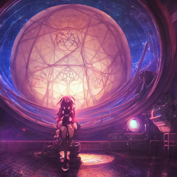 Image similar to Albedo from overlord, mamimi samejima, psychedelic background, epcot, inside a space station, eye of providence, female anime character, Lain, uwu, uwu, Luminism, Tomas Sanchez, Karla Knight, surrealism, Simon Stålenhag, M. C. Escher, Ruan Jia, uwu Hi-Fructose, Artstation, HD, HDR, High Resolution, technological rings, giygas