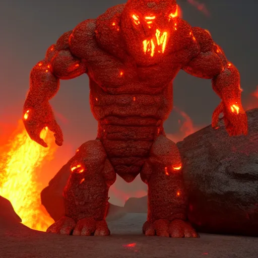 Prompt: a large, muscular, standing, humanoid, lava rock, magma, fire golem creature, burning eyes, exaggerated perspective, unreal engine, 3 5 mm pointing up