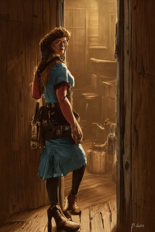 Image similar to an environmental concept art of a female gunslinger, back to camera, standing in the doorway of an open saloon door, old west town, highly detailed, cinematic, dramatic lighting, close shot by francis tneh