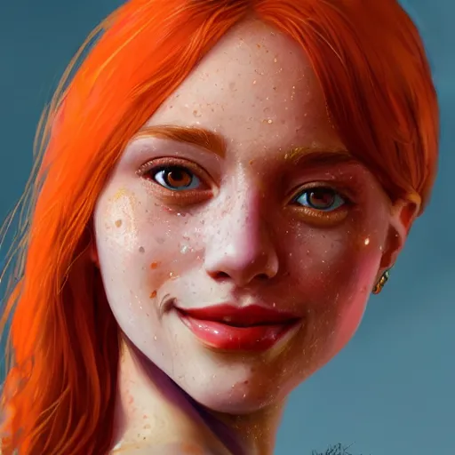 Prompt: close up portrait of a beautiful smiling girl with orange hair and freckles, happy intricate, elegant. highly detailed, digital painting, artstation, concept art, smooth, sharp, focus, illustration. background is purple, art by artgerm and Ross Tran