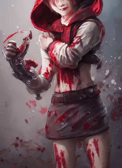 Prompt: a highly detailed illustration of short hair cute japanese girl wearing blood stained hoodie and bandages on arms, dramatic sadistic smile pose, intricate, elegant, highly detailed, centered, digital painting, artstation, concept art, smooth, sharp focus, league of legends concept art, WLOP