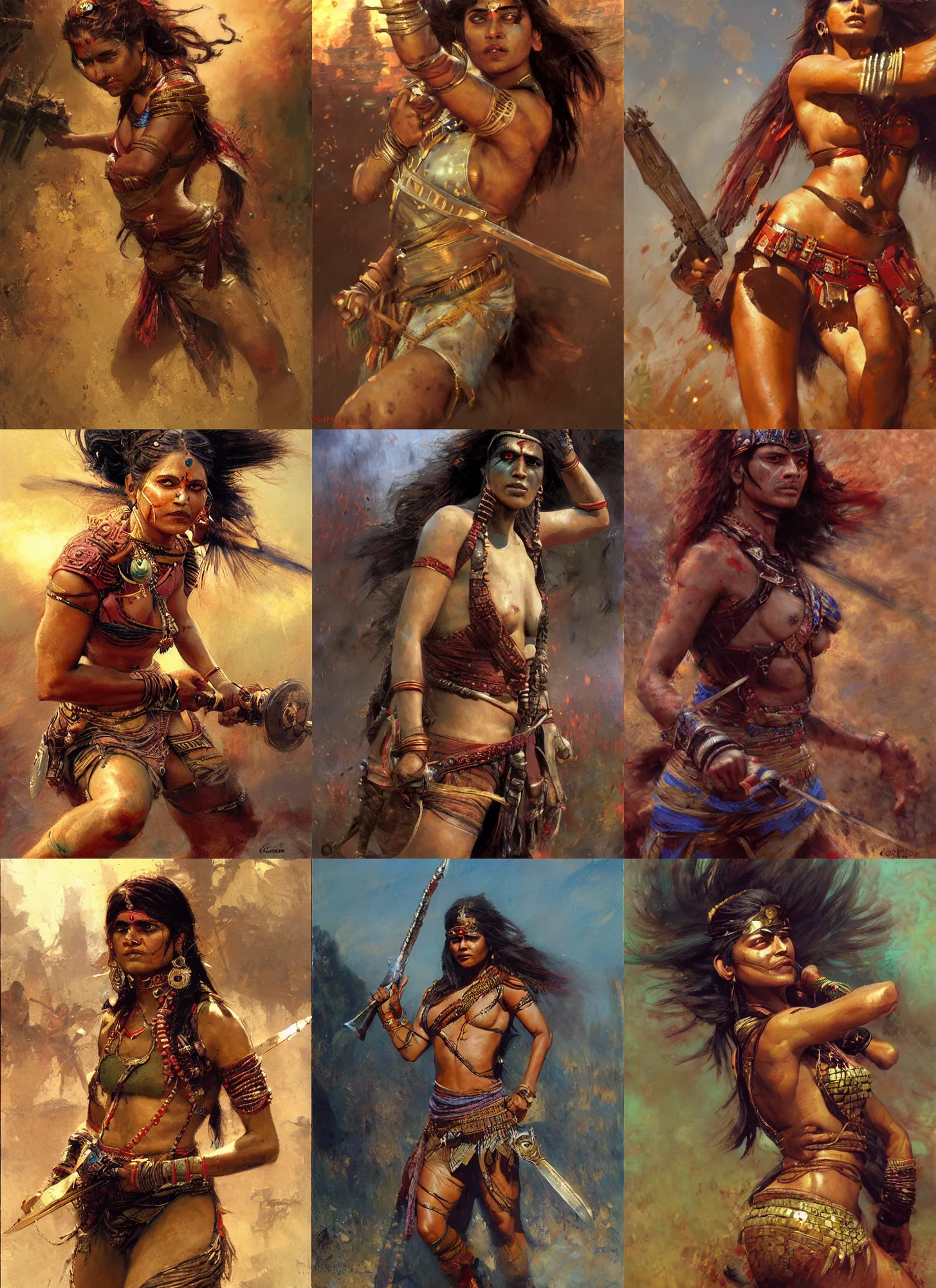 Prompt: warrior woman from india, action post mid-battle, half-body shot, close-up, candid, by Gaston Bussiere, Craig Mullins