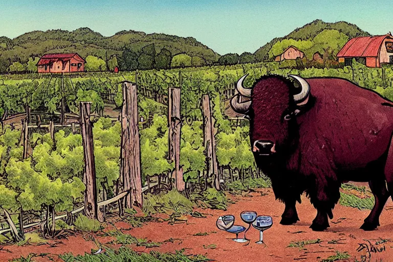 Image similar to a detailed illustration of a buffalo drinking red wine in a vineyard by a barn. by bill watterson and bob ringwood