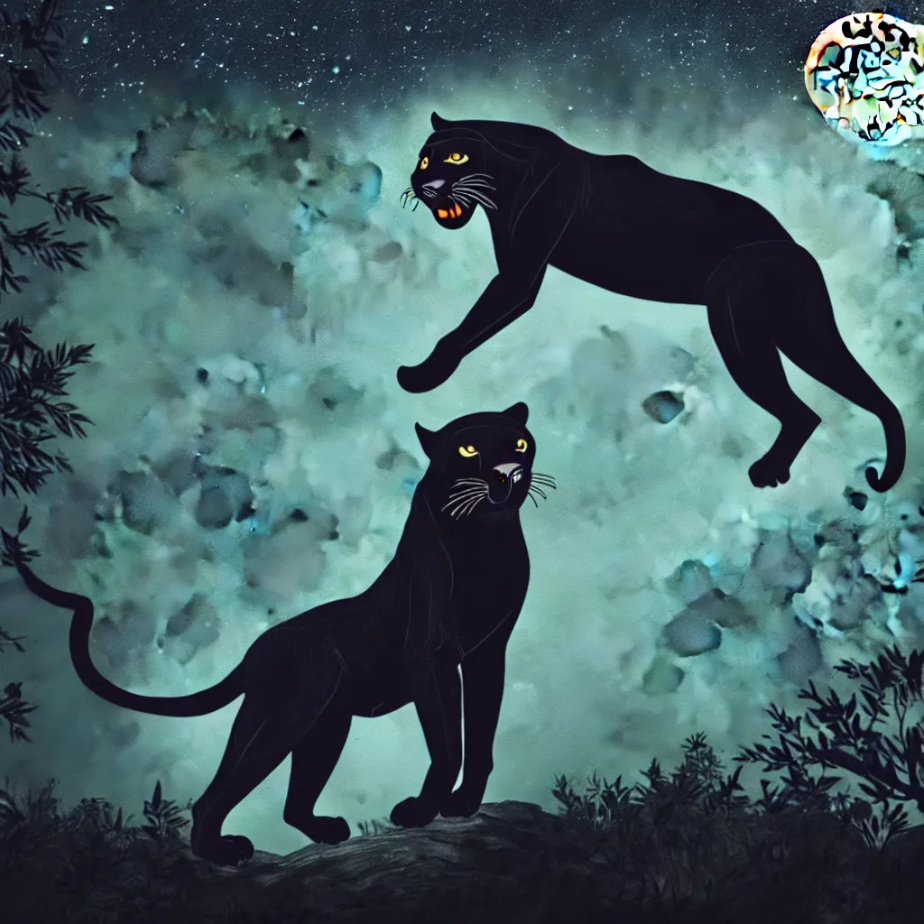 Image similar to a panther roaring at the moon in a forest during the night, large moon in the center. high quality. artistic. illustration. 4 k. cinematic. photoreal. highly detailed. dramatic. dark colors. night.