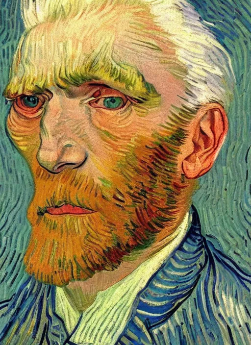 Image similar to portrait of a tired old man with white hair by van gogh, detailed face, symmetrical painting, beautiful expressionist oil painting masterpiece, 8 k resolution, smooth, sharp focus, pastel color palette, trending on artstation