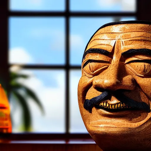 Image similar to a closeup photorealistic photograph of smiling salvador dali at trader vic's bar sitting next to a trader vic's style tiki mug featuring the face of salvador dali. tiki culture. bright scene. 4 k hd image that's trending on artstation, featured on behance, well rendered, extra crisp, features epic composition and the style of unreal engine.