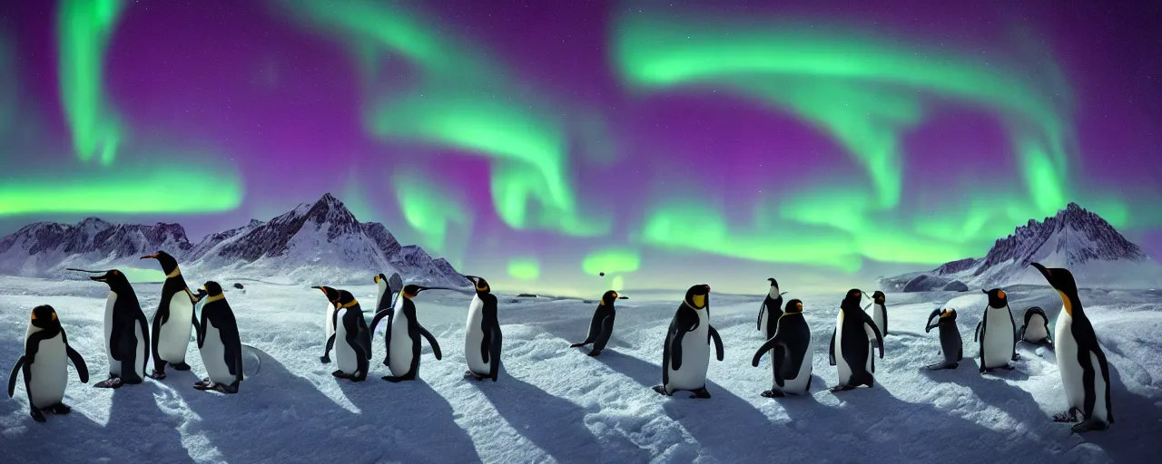 Image similar to a group of penguins watching the aurora borealis, large scale, breathtaking, mixed media, digital art, trending on artstation, 8k, epic composition, highly detailed, AAA graphics