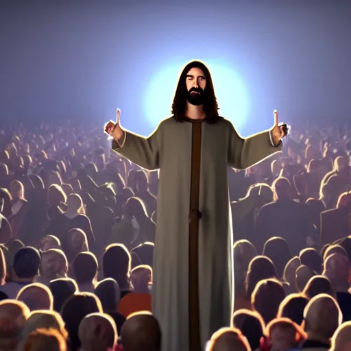 Image similar to jesus christ with a microphone rapping on a podium to a crowd of people, 4 k image, hd, high res, unreal engine, medieval