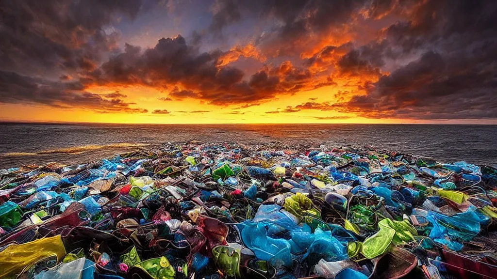 Prompt: amazing landscape photo of garbage patch, sunset by marc adamus, beautiful dramatic lighting