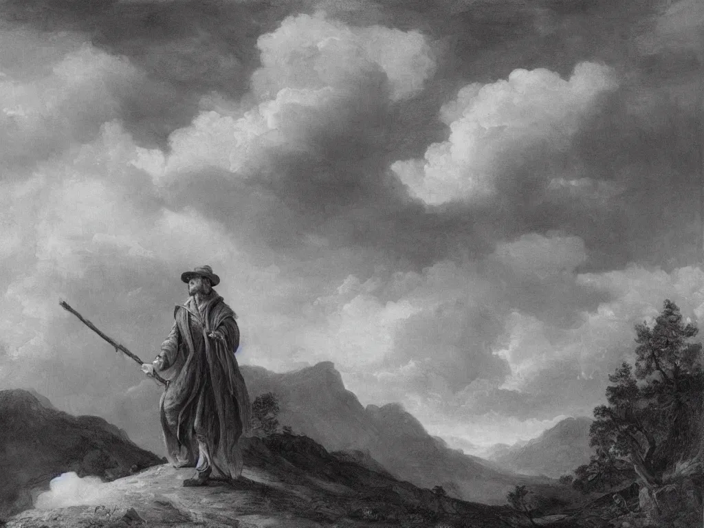 Image similar to a man in a grey cloak and brimmed hat with a staff travelling trough the forest and mountains looking at the clouds in the style of neo-romanticism