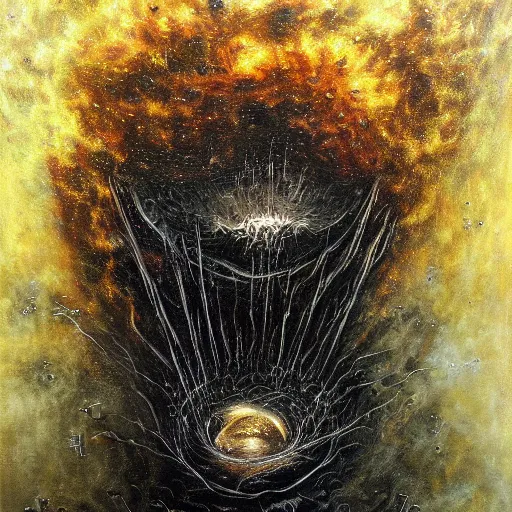 Prompt: expressive dark color intense oil painting of an explosion of a black hole cluster by godmachine, h. g. giger, horror art