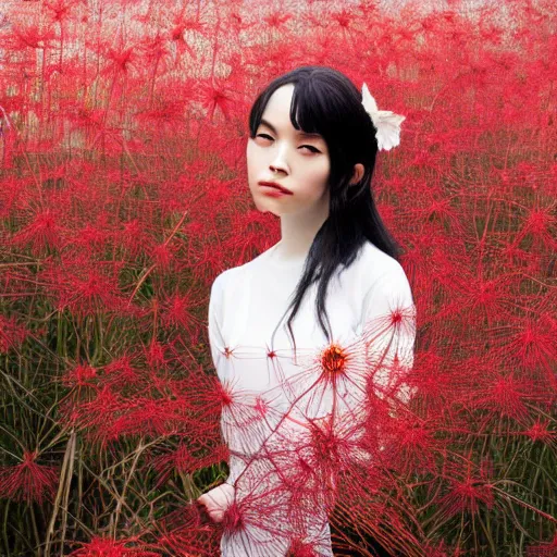 Prompt: black haired girl in victorian clothing surrounded in a forest full of red spider lily flowers on a semi-cloudy day