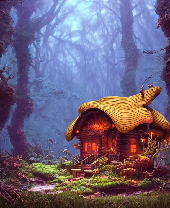 Prompt: a whimsical cabin made from exotic fungus, overgrown with huge rare fungus, deep in the woods, by dan mumford, yusuke murata, makoto shinkai, ross tran, underwater, hellish, cinematic, unreal engine, cel shaded, featured on artstation, pixiv