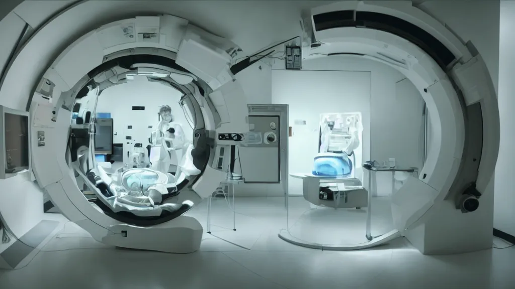 Image similar to an mri image open mri machine portal in the living room, film still from the movie directed by denis villeneuve with art direction by salvador dali, wide lens