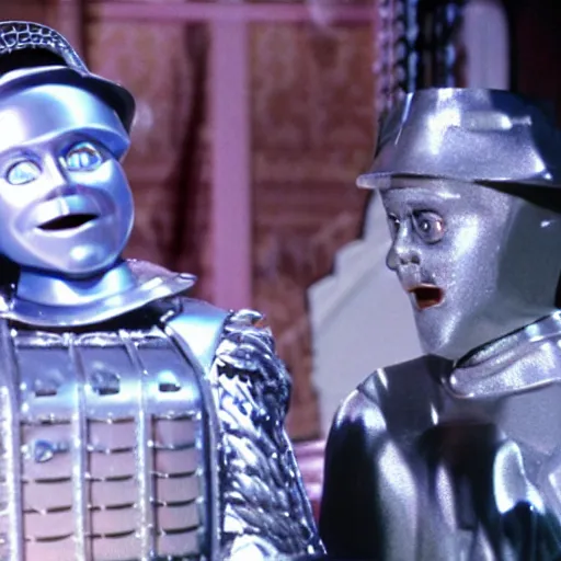 Prompt: a still from a tv commercial for an action figure of happy christopher walken as the tin man from the wiz the movie, singing & dancing, 4 k, highly detailed, award winning, look at all that detail!