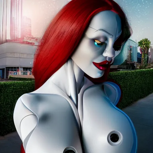 Prompt: beautiful centered Fine art photo portrait o Jessica Rabbit as a solarpunk robotic humanoid, white mechanical parts with led lights, photorealistic, white background, highly detailed and intricate, outdoor lighting, HDR 8k