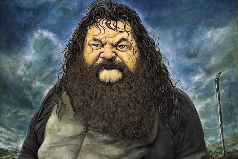 Image similar to surreal a hulking herculean hagrid in a post apocalyptic hellscape by peter booth and william blake esoteric symbolism, intense emotional power