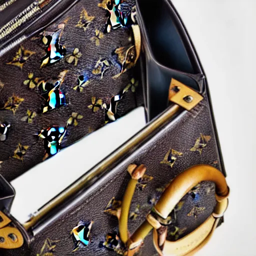 Prompt: close up of a louis vuitton handbag in year 3000, avant-garde, art-deco style, in entrance hall of an art-deco skyscaper, photography , official vuitton editorial , highly detailed