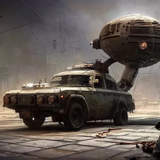 Image similar to a highly detailed epic cinematic concept art CG render digital painting artwork: dieselpunk patrol car. By Greg Rutkowski, Ilya Kuvshinov, WLOP, Stanley Artgerm Lau, Ruan Jia and Fenghua Zhong, trending on ArtStation, subtle muted cinematic colors, made in Maya, Blender and Photoshop, octane render, excellent composition, cinematic atmosphere, dynamic dramatic cinematic lighting, precise correct anatomy, aesthetic, very inspirational, arthouse