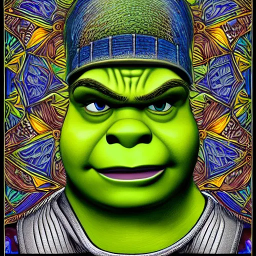 Prompt: a detailed digital art of Shrek in the style of Alex Grey, 8k, ornate, intricate
