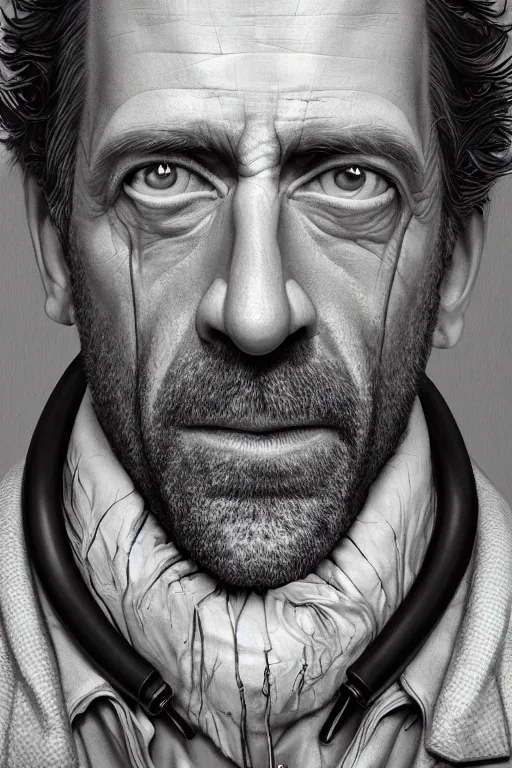 Image similar to cinematic portrait of Dr House. Centered, uncut, unzoom, symmetry. character illustration. Surreal render, ultra realistic, zenith view. Polished. Inspired by patricio clarey, heidi taillefer scifi painter glenn brown. Extremely ornated. artstation, cgsociety, unreal engine, ray tracing, detailed illustration, hd, 4k, digital art, overdetailed art. Dslr, tiltshift, dof. 64megapixel. complementing colors. Trending on artstation, deviantart,