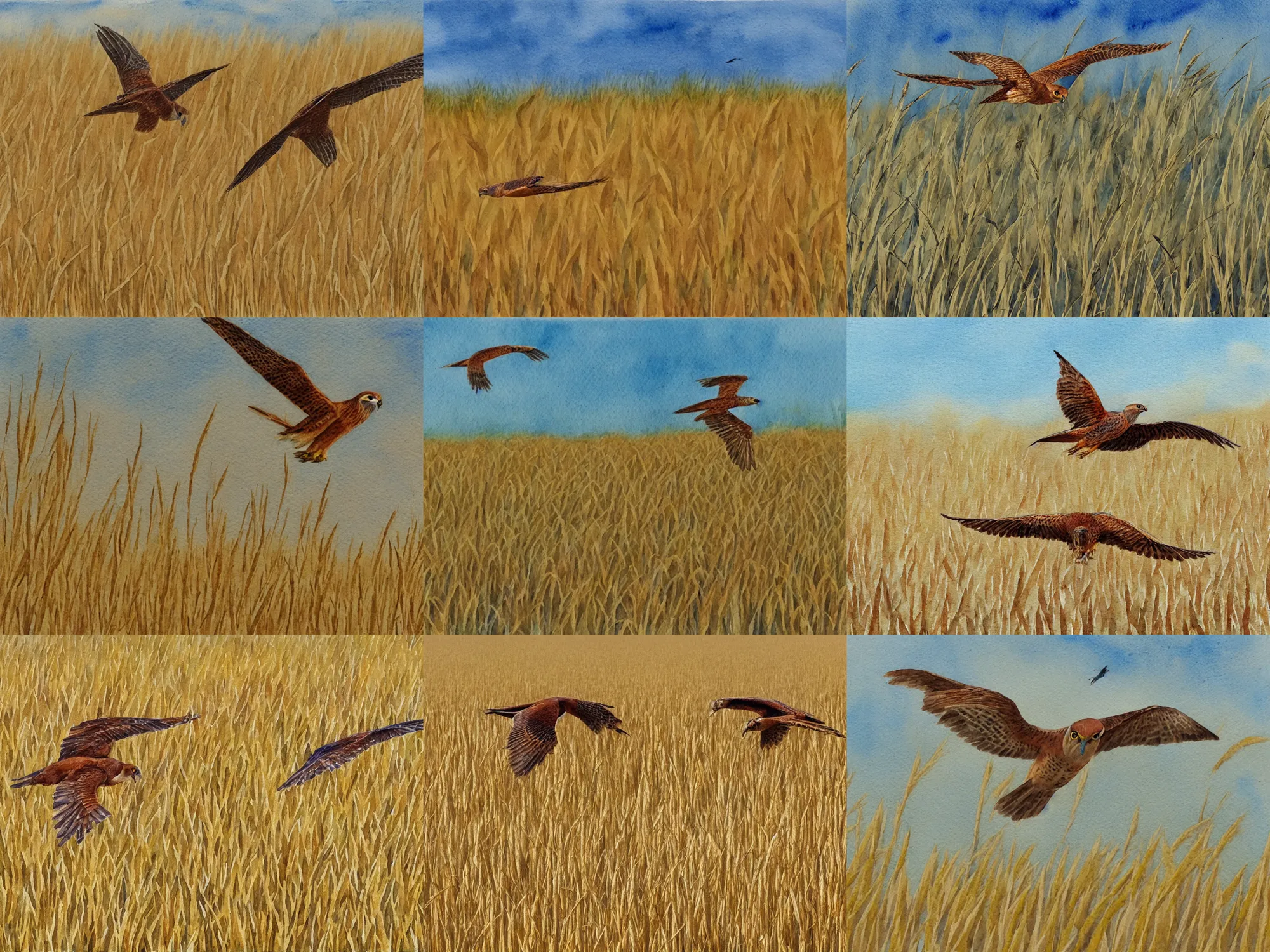 Prompt: watercolor painting of a kestral flying through a wheat field