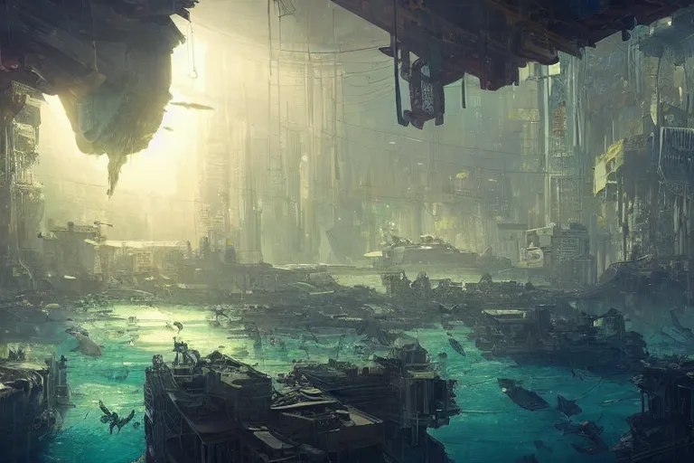 Image similar to a scenic view of an abandoned cyberpunk city under water, ray of sunlight, whale fall, fish flocks, Greg Rutkowski, Moebius, Mohrbacher, Mucha, blue and gold color scheme, ultra wide angle, light effect