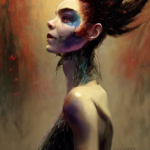 Image similar to alien dark fae girlboss based on jennifer connelly mixed with anya taylor - joy, bumpy mottled skin, big black feathered wings instead of arms, body horror, expressive oil painting, by yoshitaka amano, by greg rutkowski, by jeremy lipkinng, by artgerm, digital art, octane render