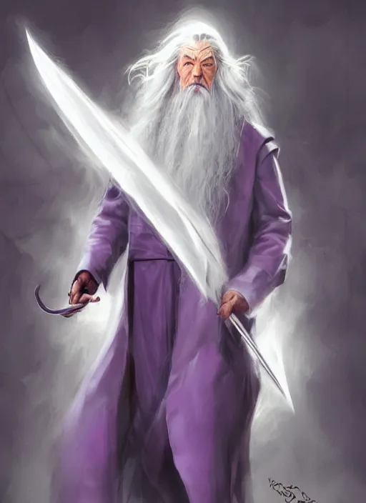 Image similar to !dream Gandalf wearing a dark purple suit, elegant, digital painting, concept art, smooth, sharp focus, illustration, from StarCraft by Ruan Jia and Mandy Jurgens and Artgerm and William-Adolphe Bouguerea