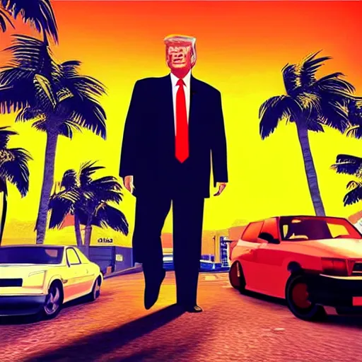 Prompt: Donald Trump in the style of GTA v, Miami beach, GTA v video game art, sunset aesthetic