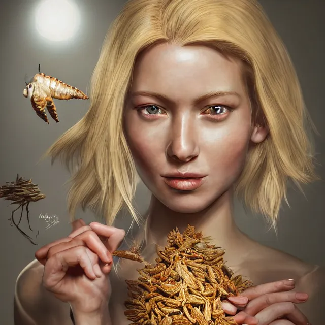 Prompt: studio portrait of blonde women eating insects at claridges, ultrafine hyperrealistic detailed face illustration by kim jung gi, irakli nadar, intricate linework, sharp focus, bright colors, matte, octopath traveler, final fantasy, unreal engine highly rendered, global illumination, radiant light, intricate environment