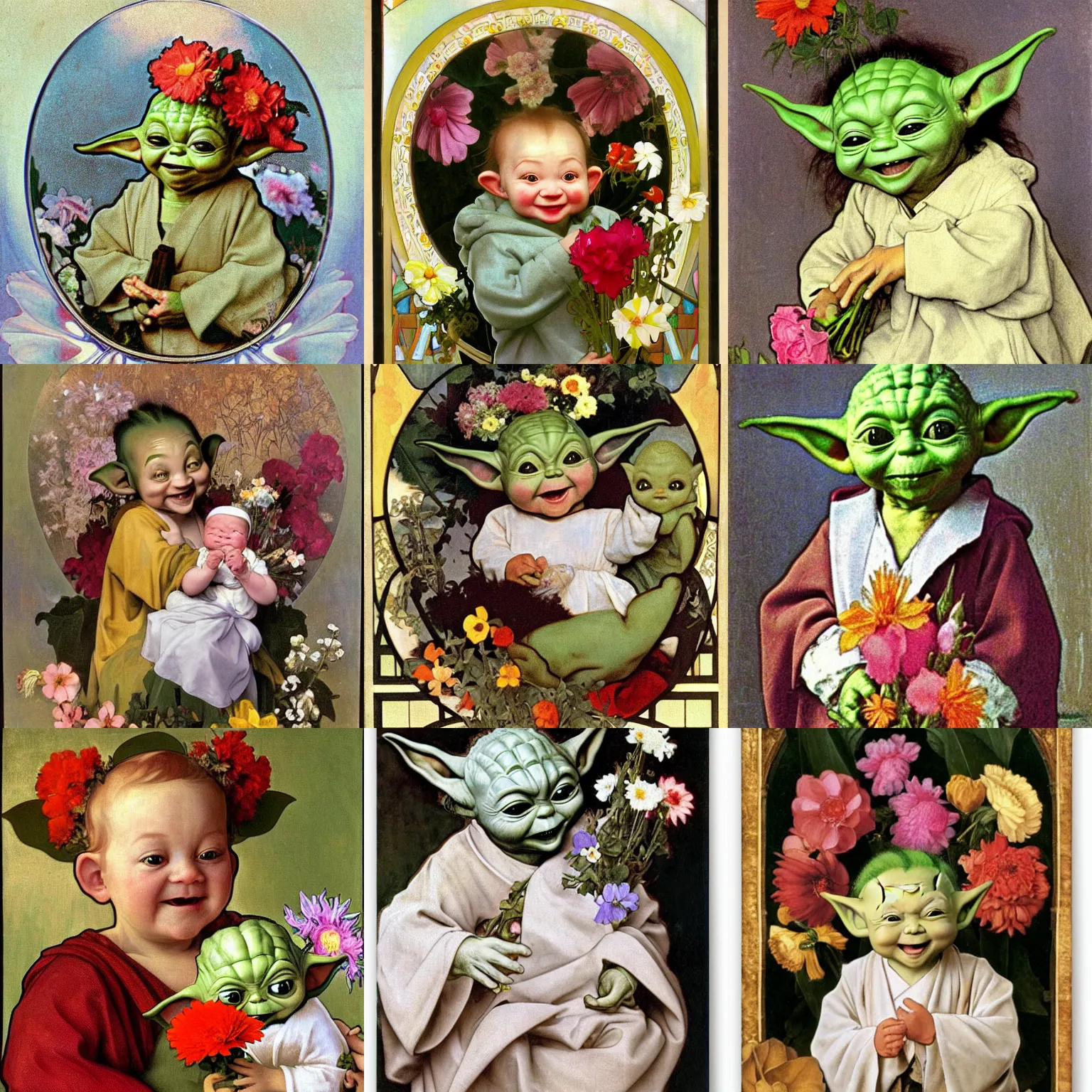 Prompt: smiling baby yoda holding a bouquet, surrounded by flowers, by Jan van Eyck, by alphonse mucha