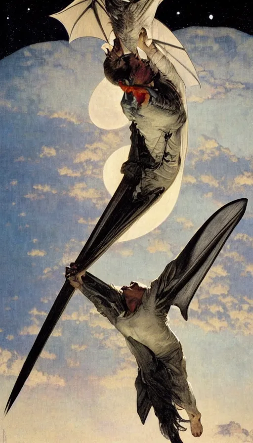 Image similar to hyper realistic white bat, flying against a dark black night sky, mountain in the background, moonlight, denoised, very detailed, painted by, alphonso mucha, norman rockwell, tom bagshaw