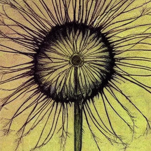 Image similar to a beautiful fairytale painting of a dandelion seed that is also a fairy. the dandelion seed is the body of the fairy. beautiful clear painting by arthur rackham