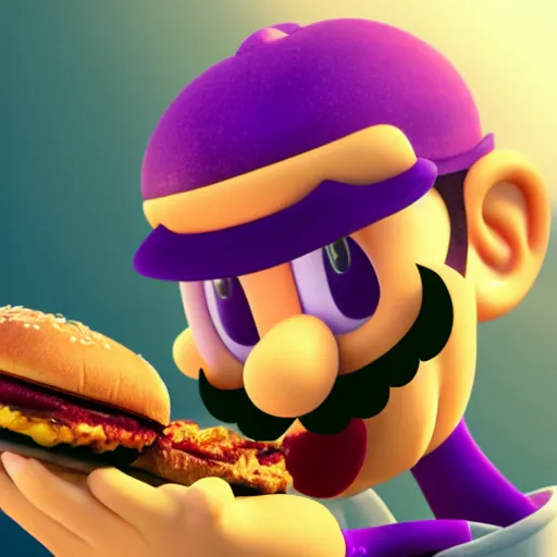 Prompt: waluigi eating hamburger, hyperrealistic, hyperdetalied, high quality, 8 k, high rendering, photorealistic, cinematic, cgsociety, artstation,