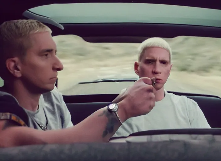 Image similar to a very high resolution image from a new movie, eminem in a car car. inside of a car. alone. mountains, directed by wes anderson