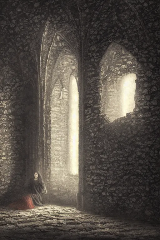 Prompt: baroque gothic woman, lit by a single candle, inside a ruined abbey, a crow watching, gustave dore, 4 k resolution, concept art, mist, autumnal, chiaroscuro,