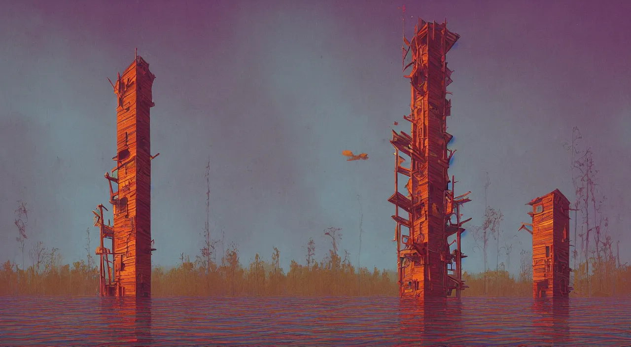 Prompt: single flooded simple wooden tower, very coherent and colorful high contrast ultradetailed photorealistic masterpiece by dan mcpharlin casey weldon simon stalenhag, dark shadows, sunny day, hard lighting