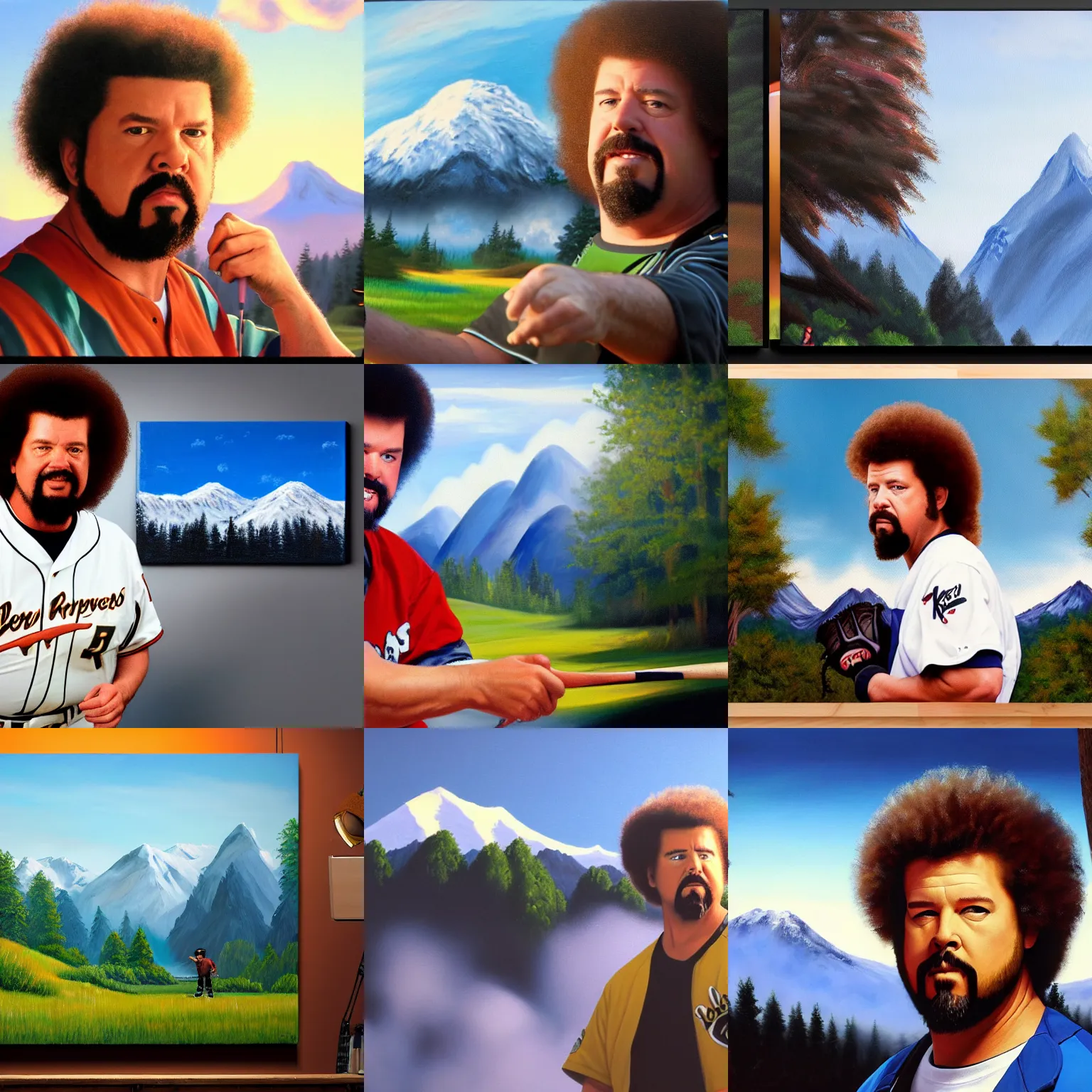 Image similar to a closeup photorealistic photograph of bob ross painting kenny powers dressed in baseball uniform onto a canvas. mountains and trees. film still. brightly lit scene. this 4 k hd image is trending on artstation, featured on behance, well - rendered, extra crisp, features intricate detail, epic composition and the style of unreal engine.