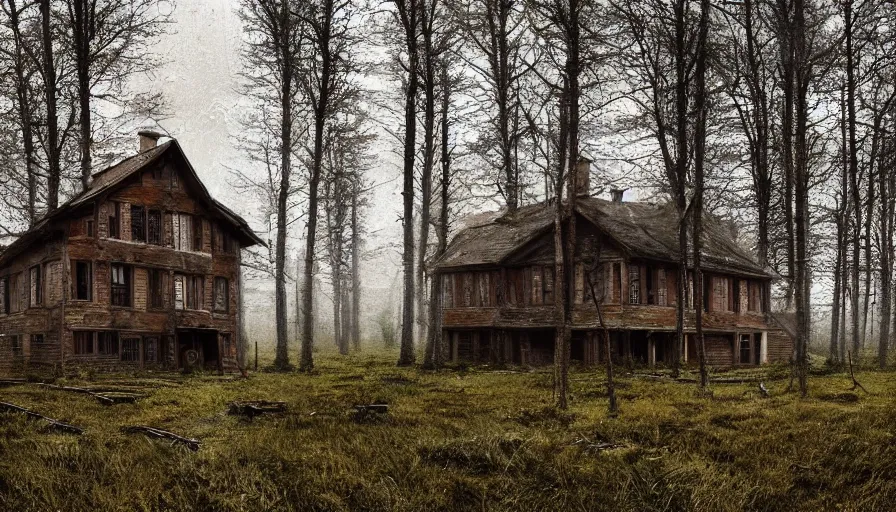 Image similar to abandoned wooden 1 9 0 0's house in german forest, rainy evening, muddy ground, hyperdetailed, artstation, cgsociety, 8 k