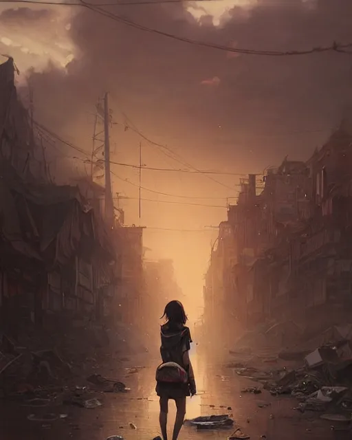 Prompt: poor detailed girl with backpack standing at cars looking for food at garbage dump, destroyed cars, city is pure wasteland, moody sunset in background, greg rutkowski, alphonse mucha, trending on artstation, artgerm, unreal engine, breathtaking, award winning, highly detailed