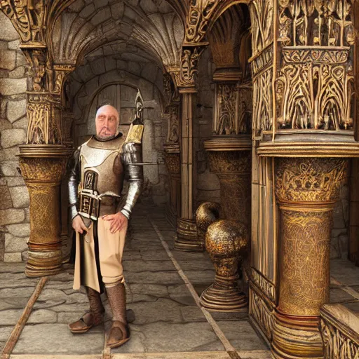 Image similar to full body portrait photo of Dennis hopper as a devious medieval lord in a giant medieval Shop, unreal engine, octane render, intricate details, 8k high definition, beauriful, ornate, hypermaximalistic