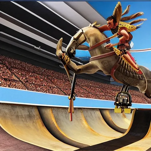 Prompt: roman horse chariot racer high jump in a skate park half-pipe, video game cover