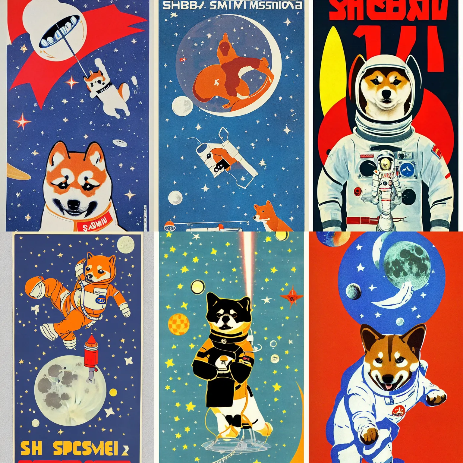 Prompt: Shiba Inu cosmonaut, moon mission, 60s poster, 1968 Soviet