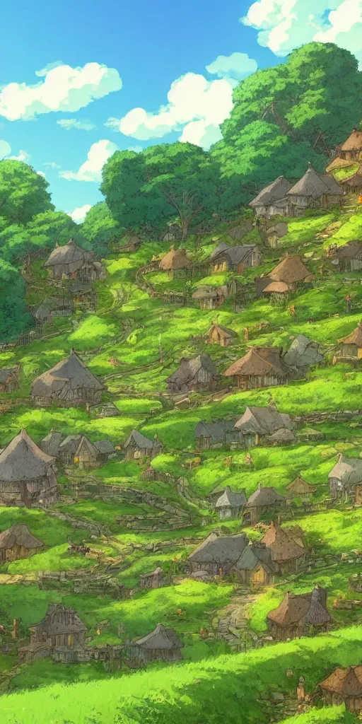 Image similar to anime screenshot wide-shot landscape hobbit village, Shire, beautiful ambiance, golden hour, studio ghibli style, by hayao miyazaki, sharp focus, highly detailed,